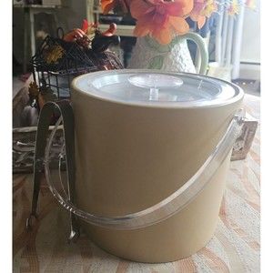 Georges Briard Tan Faux Leather Ice Bucket & Tongs Vintage 1960’s Lucite Lid EUC